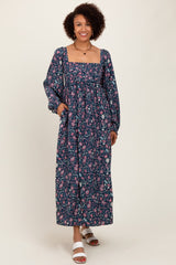 Navy Blue Floral Pleated Bust Long Sleeve Maxi Dress