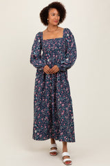 Navy Blue Floral Pleated Bust Long Sleeve Maxi Dress