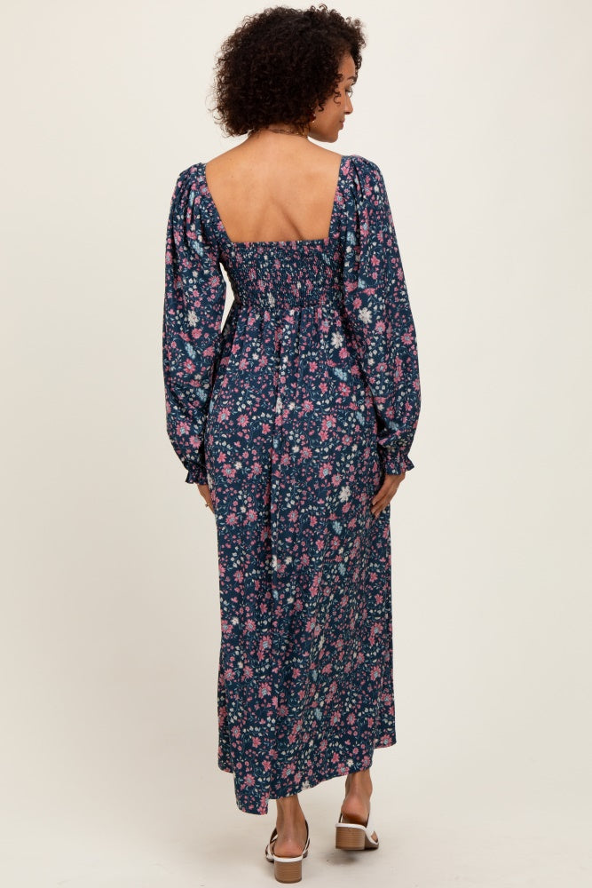 Navy Blue Floral Pleated Bust Long Sleeve Maxi Dress