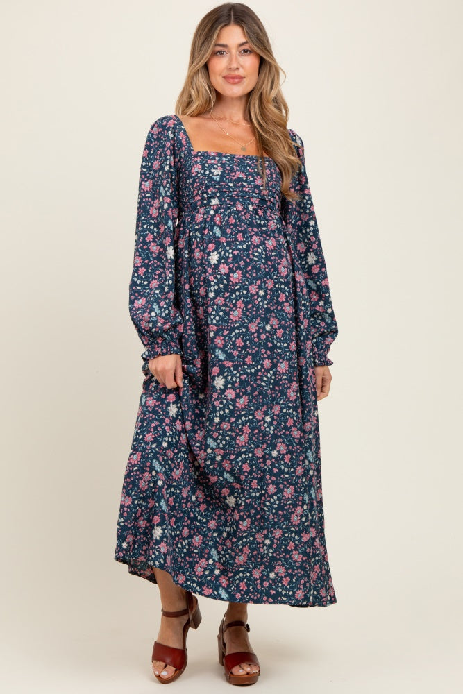 Navy Blue Floral Pleated Bust Long Sleeve Maternity Maxi Dress