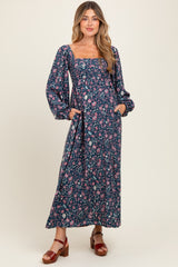 Navy Blue Floral Pleated Bust Long Sleeve Maternity Maxi Dress