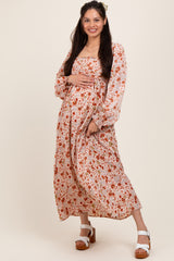 Cream Floral Pleated Bust Long Sleeve Maternity Maxi Dress