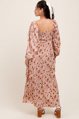 Cream Floral Pleated Bust Long Sleeve Maternity Maxi Dress