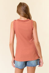 Peach Rib Knit Ruffle Trim Sleeveless Top