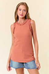 Peach Rib Knit Ruffle Trim Sleeveless Top