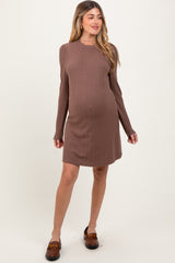 Mocha Textured Knit Ruffle Neck Long Sleeve Maternity Mini Dress