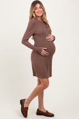 Mocha Textured Knit Ruffle Neck Long Sleeve Maternity Mini Dress