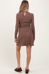 Mocha Textured Knit Ruffle Neck Long Sleeve Maternity Mini Dress