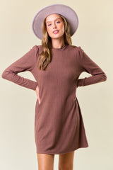 Mocha Textured Knit Ruffle Neck Long Sleeve Maternity Mini Dress