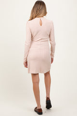 Cream Textured Knit Ruffle Neck Long Sleeve Maternity Mini Dress