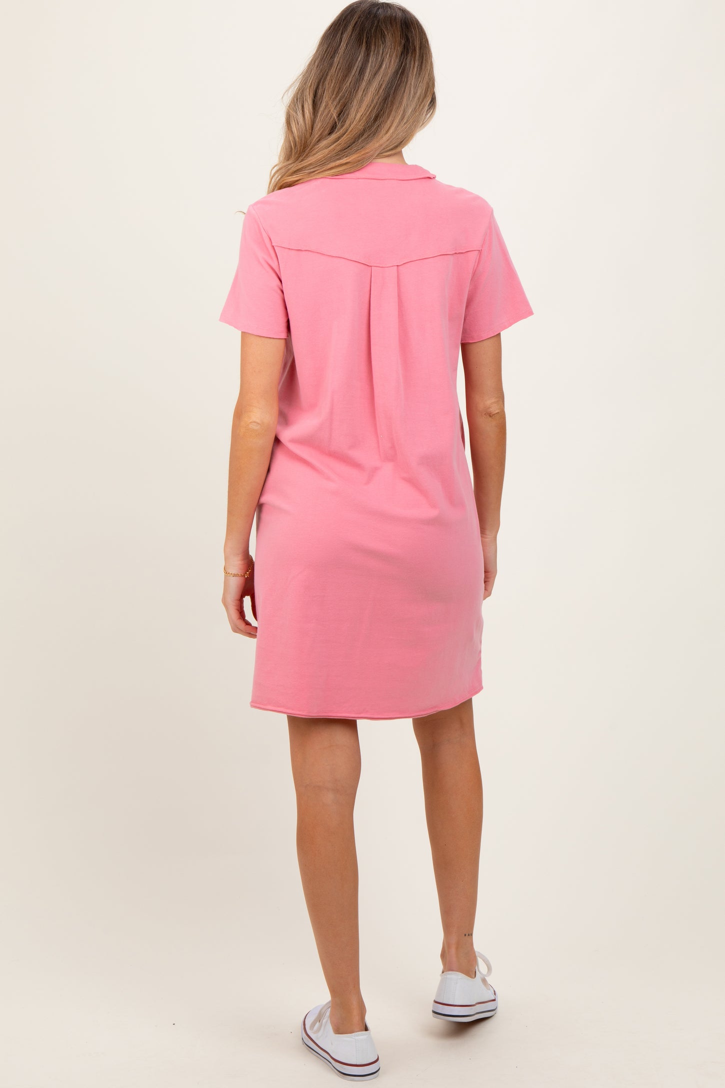Pink Unfinished Seam Short Sleeve Maternity Mini Dress