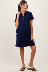 Navy Unfinished Seam Short Sleeve Maternity Mini Dress