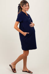 Navy Unfinished Seam Short Sleeve Maternity Mini Dress
