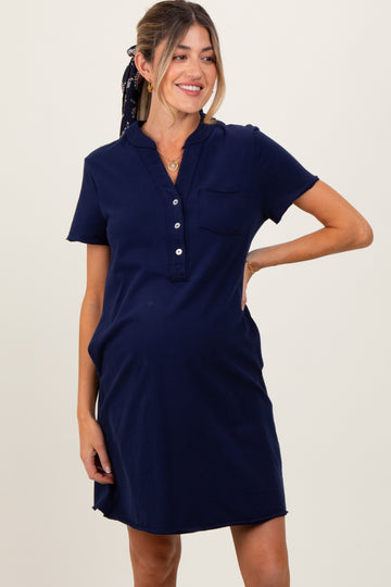 Navy Unfinished Seam Short Sleeve Maternity Mini Dress
