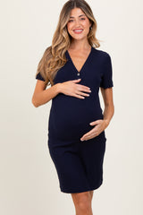 Navy Ribbed Short Sleeve Henley Maternity Dress
