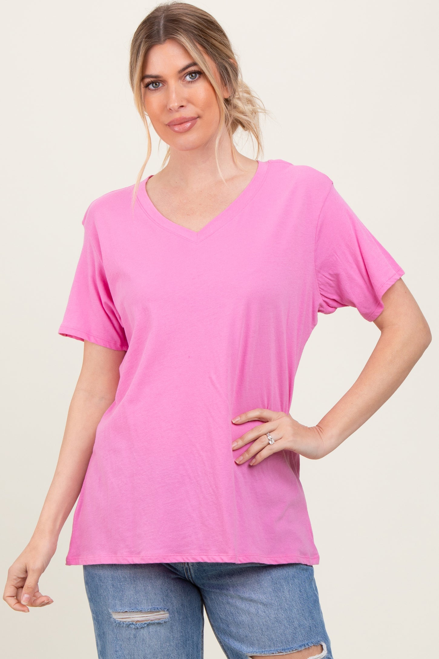 Pink Oversized V-Neck Short Sleeve Maternity Tee