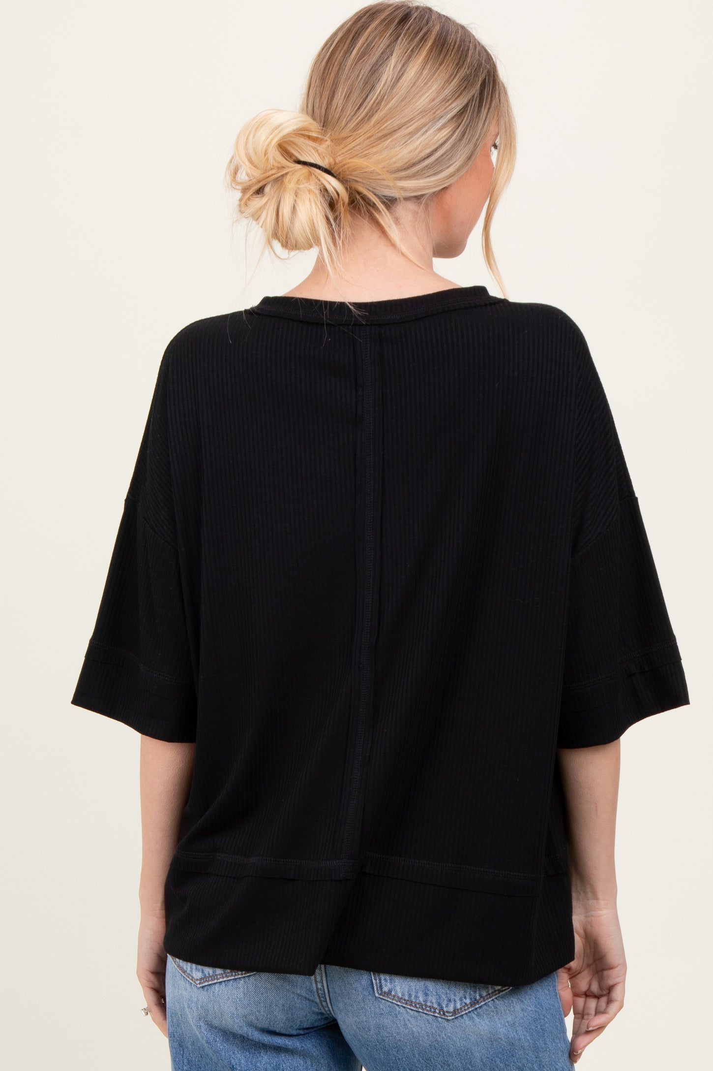 Black Ribbed Boxy Fit Short Sleeve Top