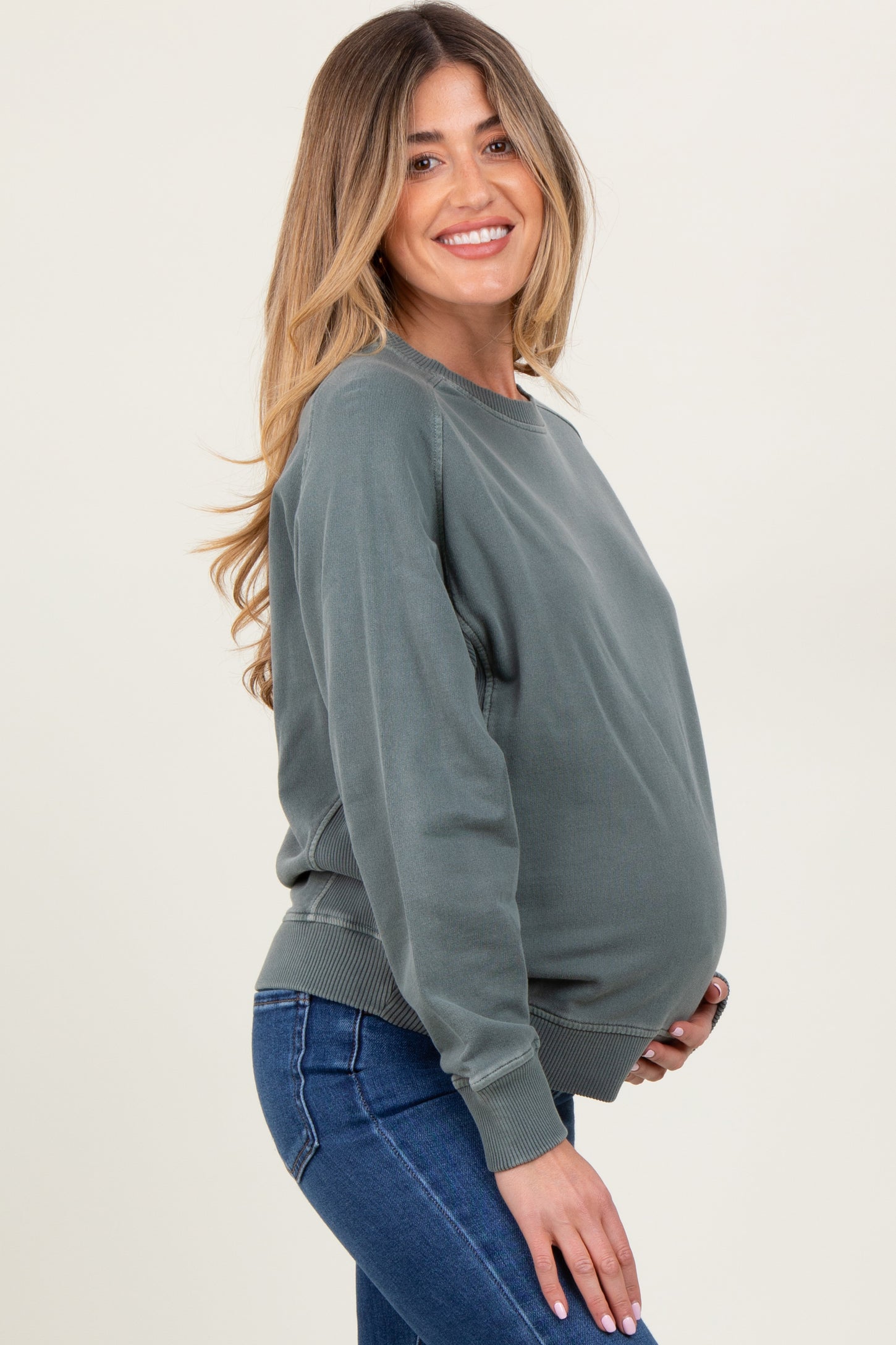 Light Olive French Terry Vintage Wash Maternity Pullover