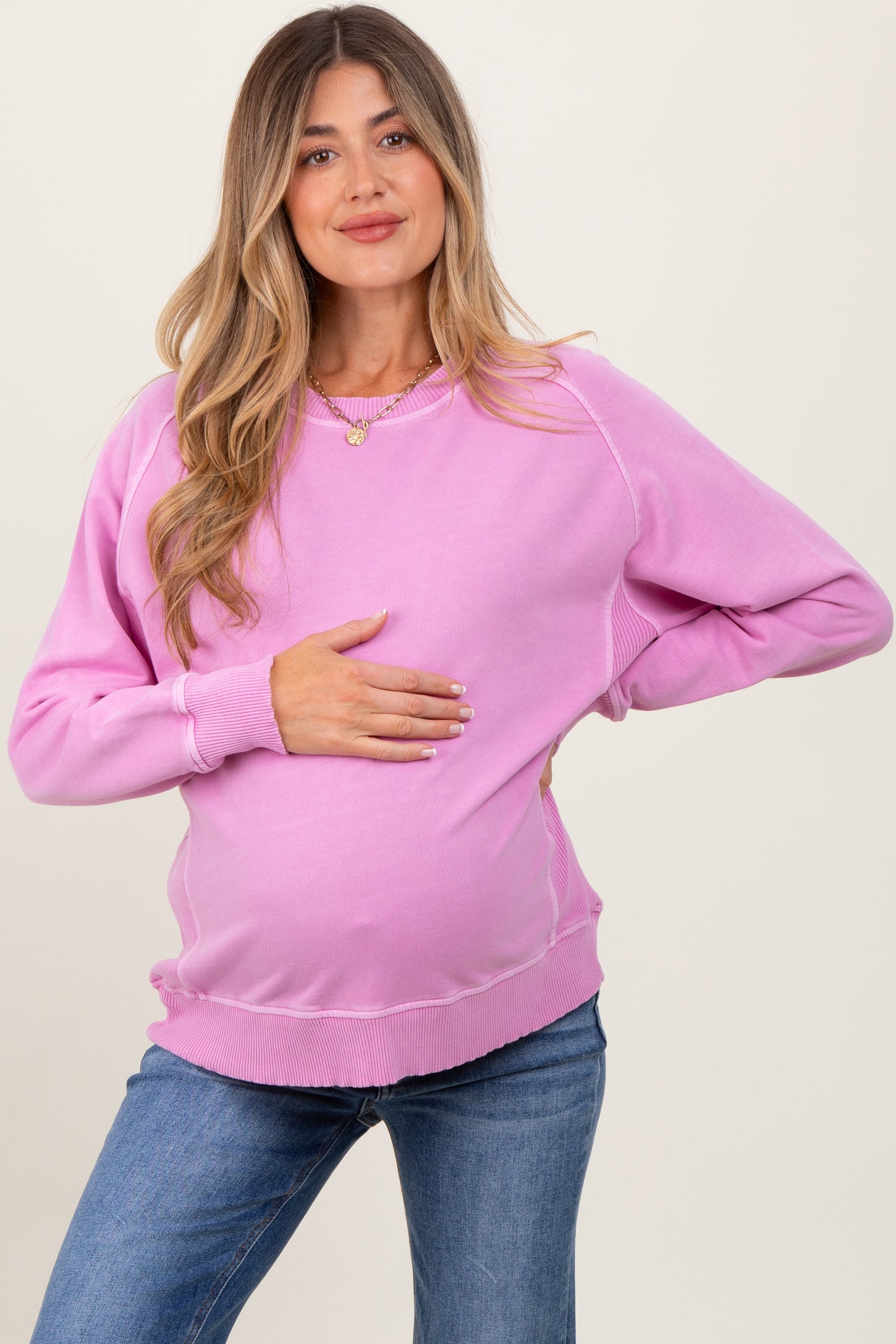 Pink French Terry Vintage Wash Maternity Pullover