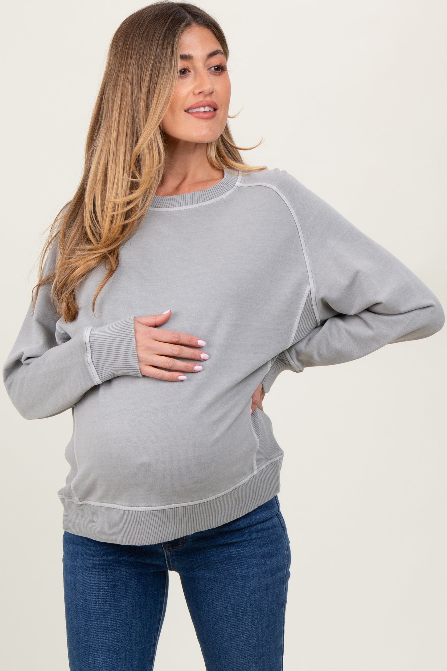 Heather Grey French Terry Vintage Wash Maternity Pullover