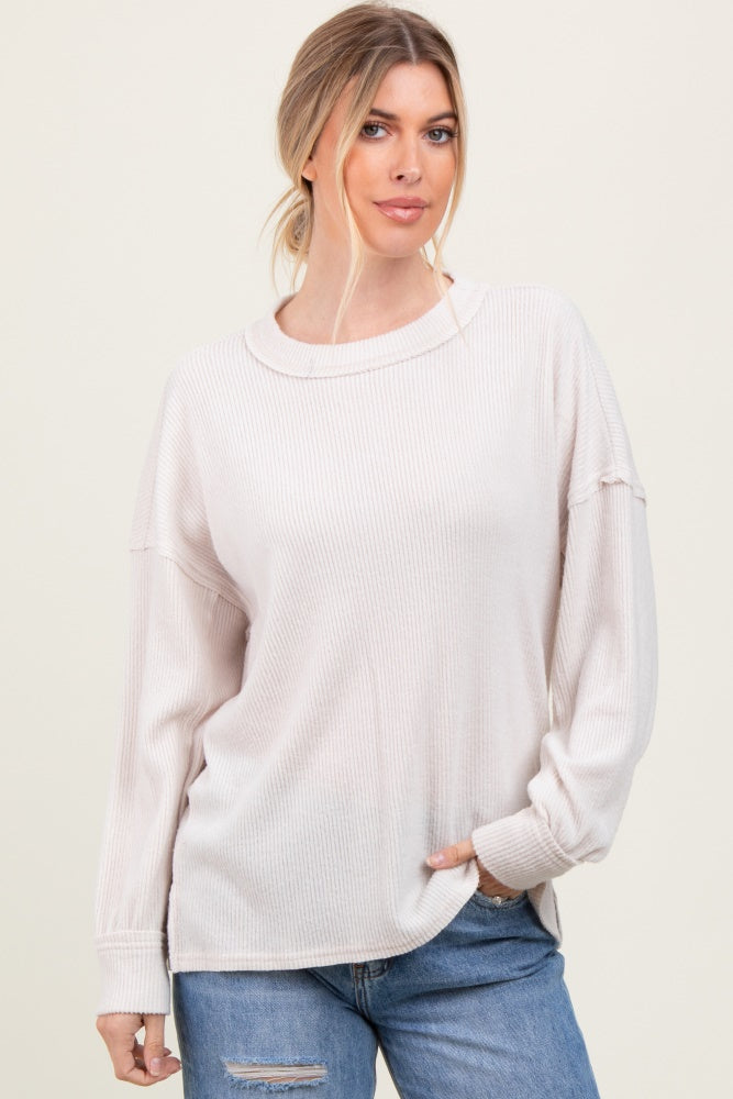 Beige Brushed Ribbed Knit Pullover