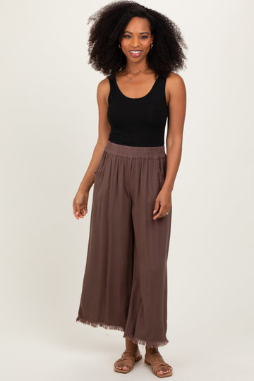 Brown Linen Frayed Hem Crop Pants