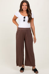 Brown Linen Frayed Hem Crop Maternity Pants