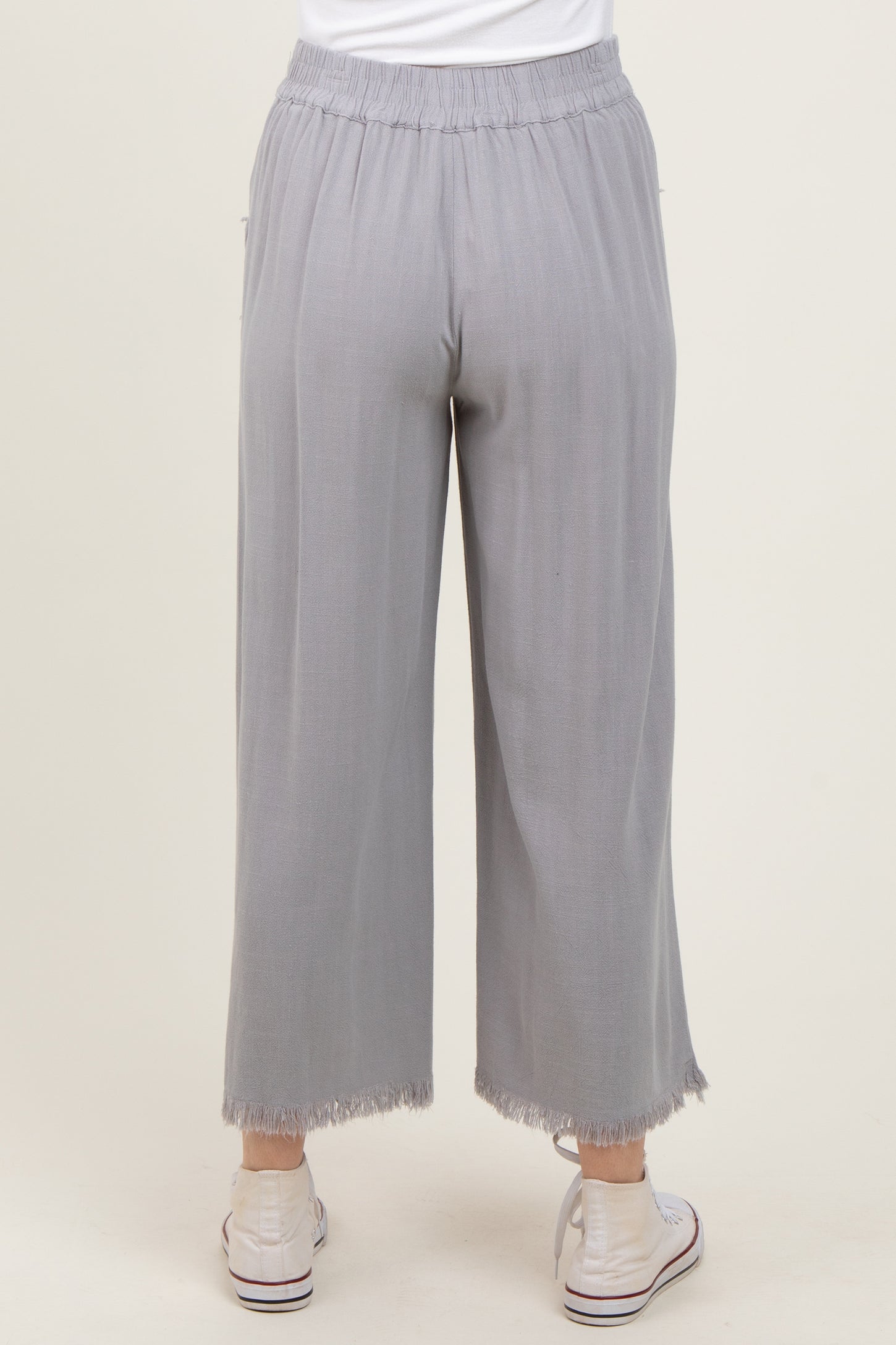Grey Linen Frayed Hem Crop Pants