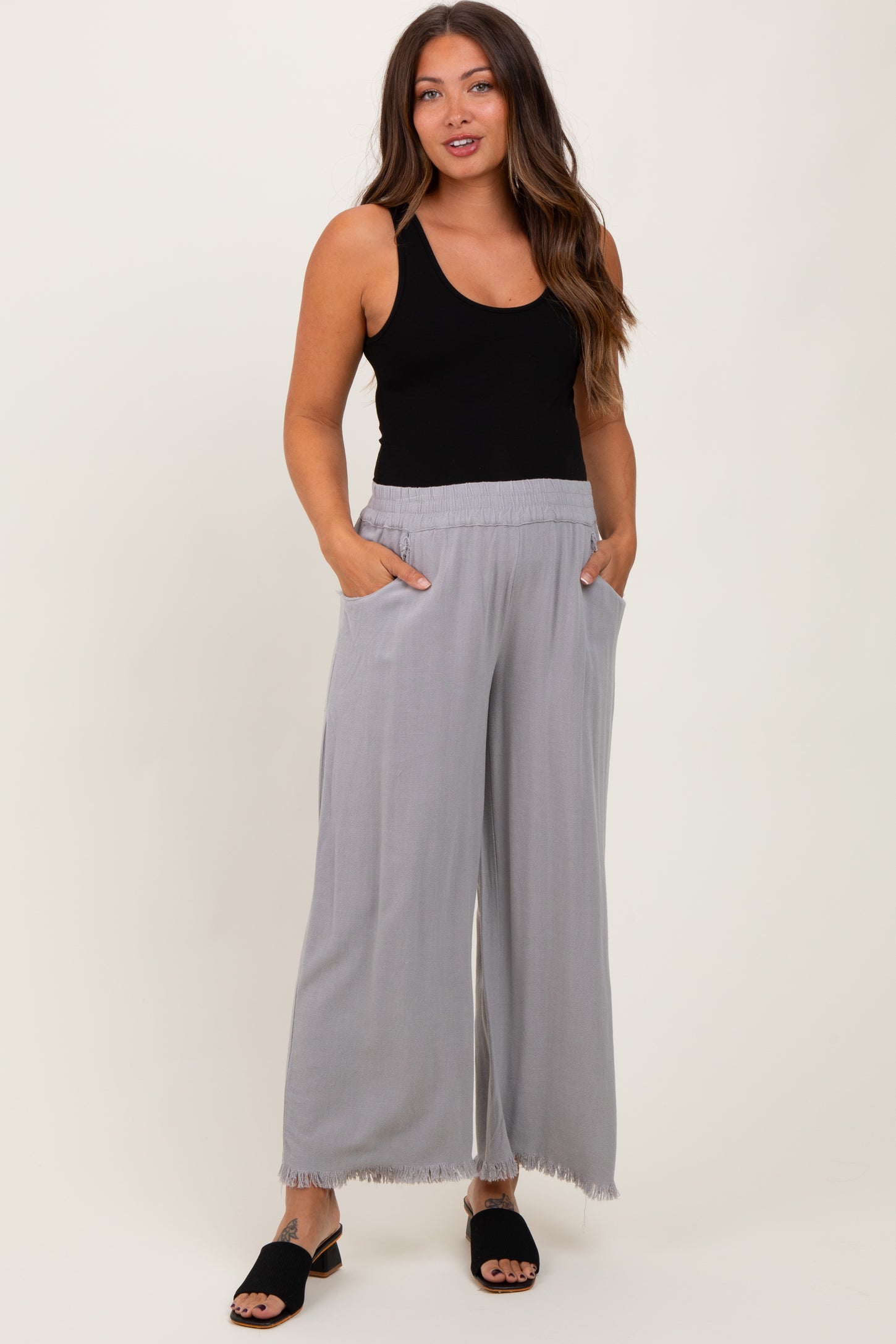 Grey Linen Frayed Hem Crop Maternity Pants