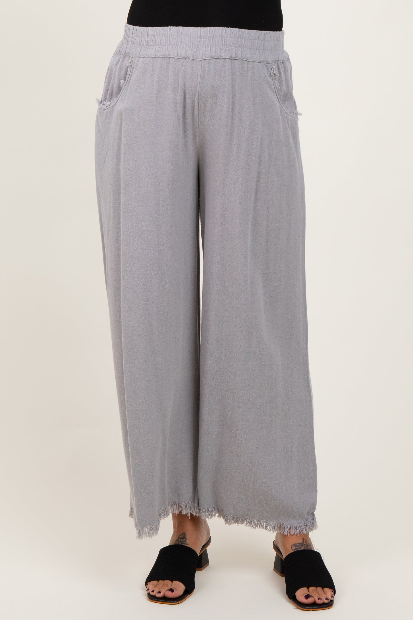 Grey Linen Frayed Hem Crop Maternity Pants