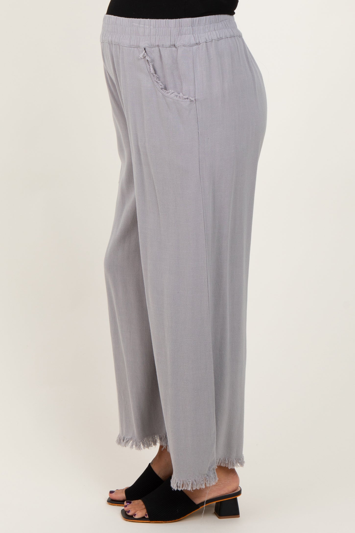 Grey Linen Frayed Hem Crop Maternity Pants