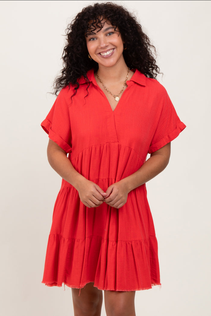 Coral Tiered Linen Maternity Dress