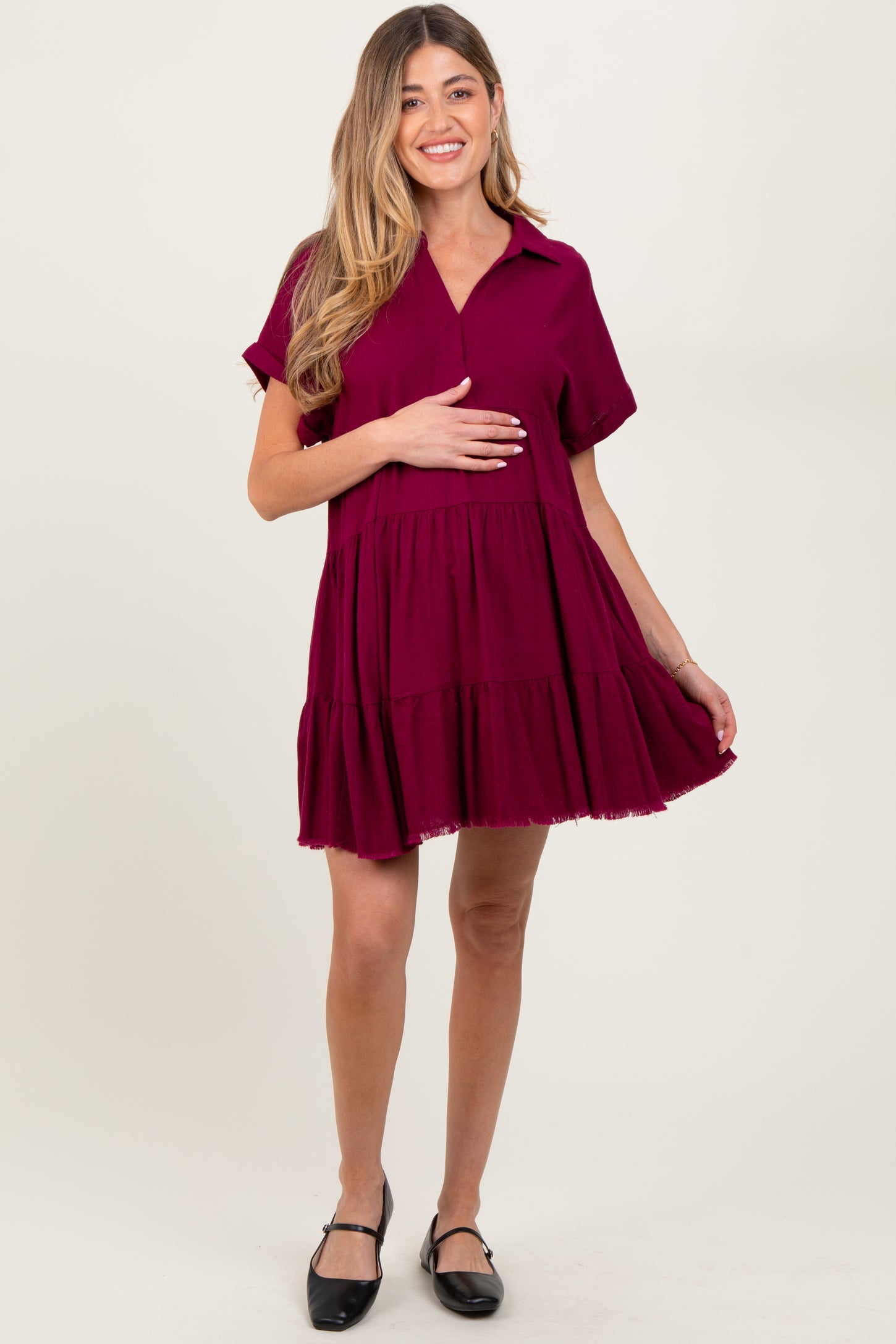 Burgundy Tiered Linen Maternity Dress