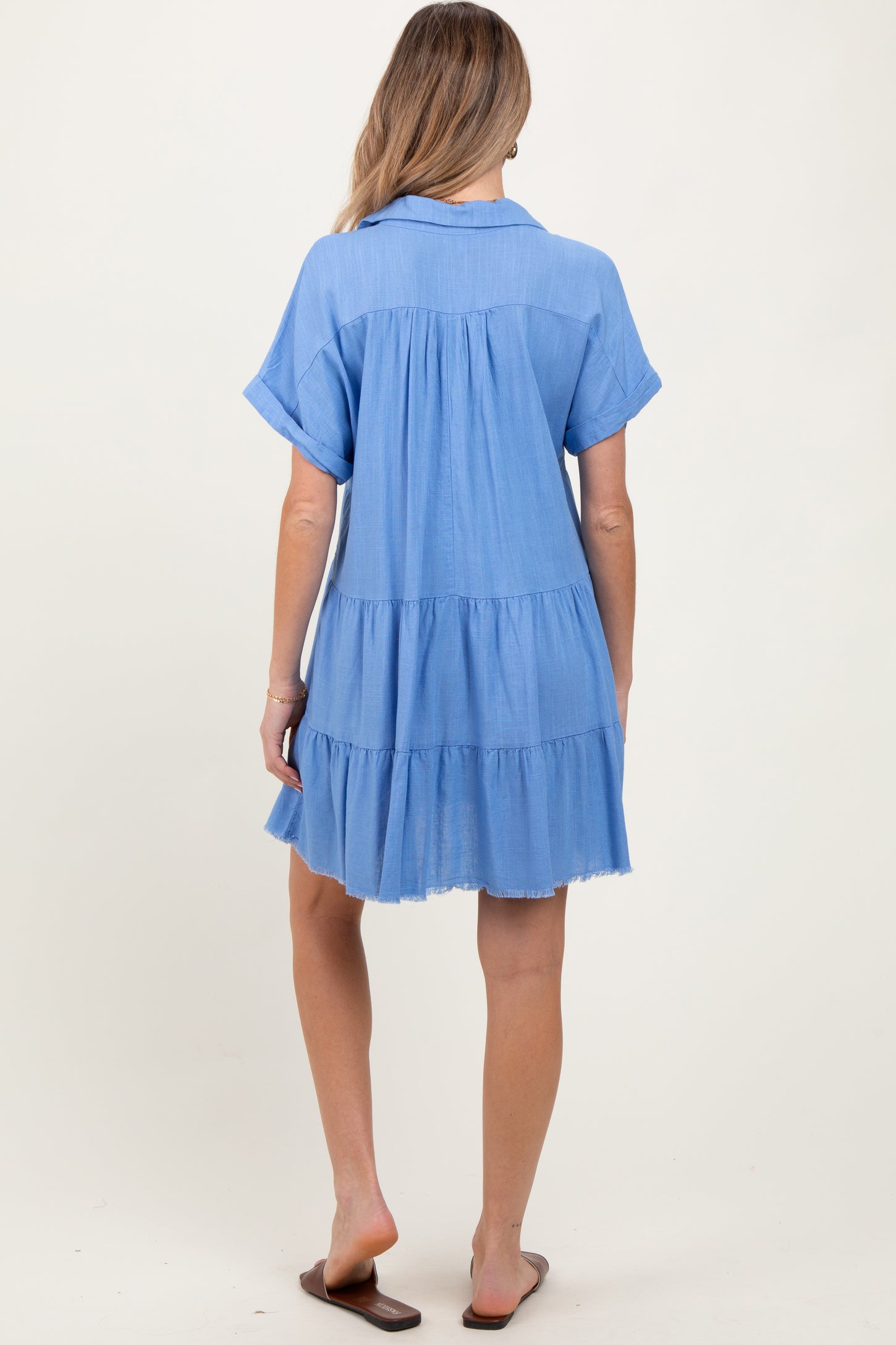 Blue Tiered Linen Maternity Dress