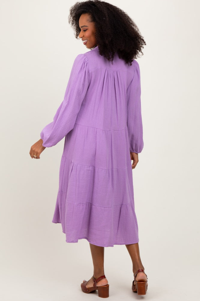 Lavender Light Weight Collared Tiered Midi Dress