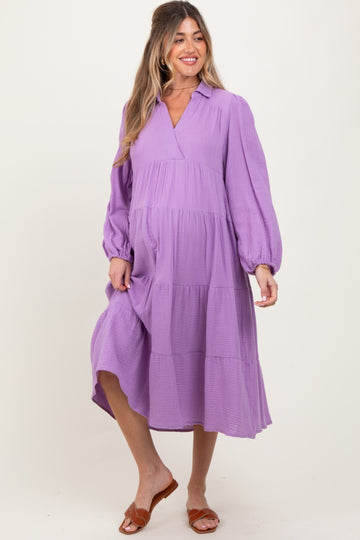 Lavender Light Weight Collared Tiered Maternity Midi Dress