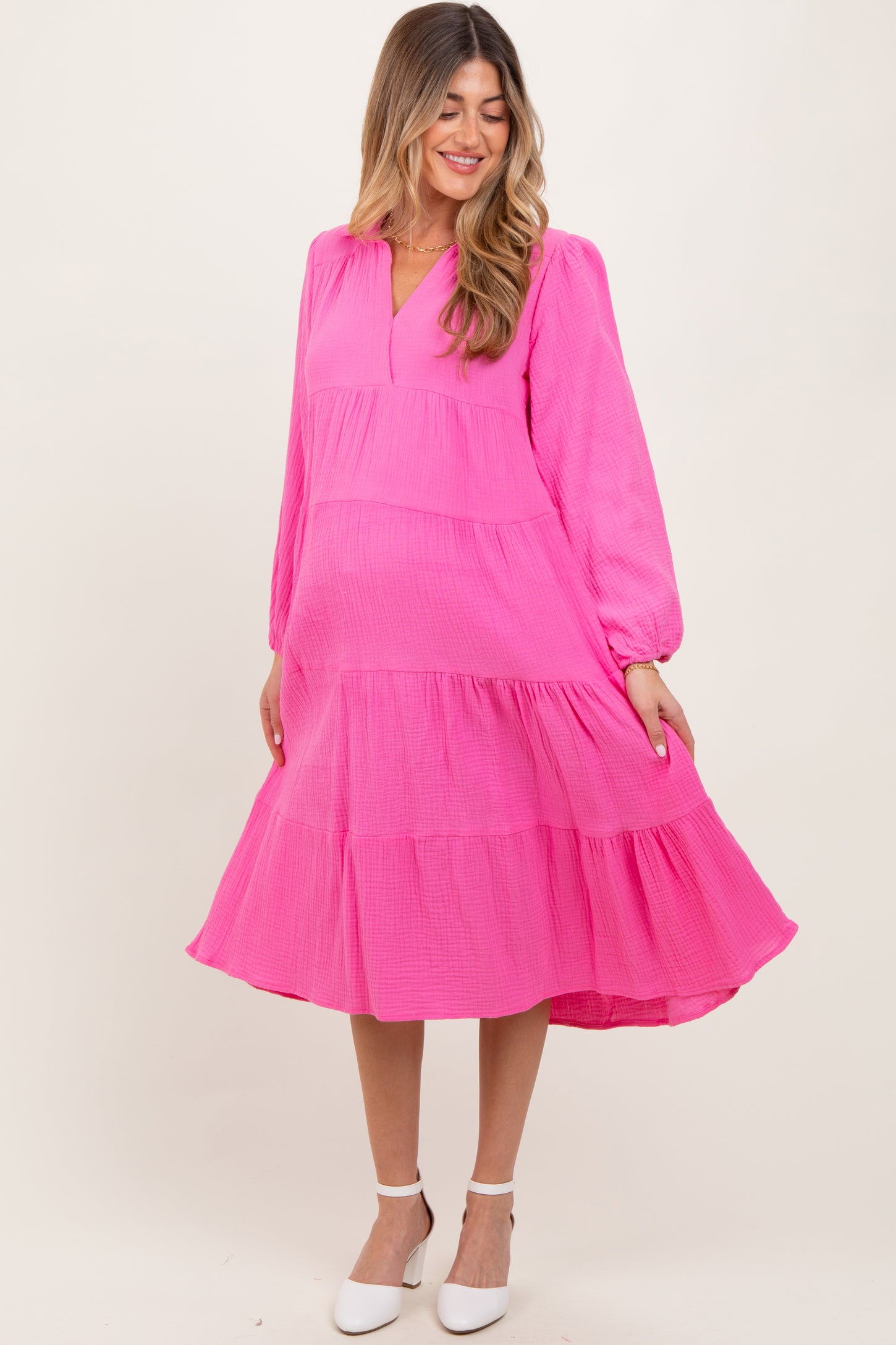 Fuchsia Light Weight Collared Tiered Maternity Midi Dress