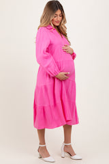 Fuchsia Light Weight Collared Tiered Maternity Midi Dress