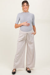 Cream Striped Drawstring Linen Blend Maternity Wide Leg Pants