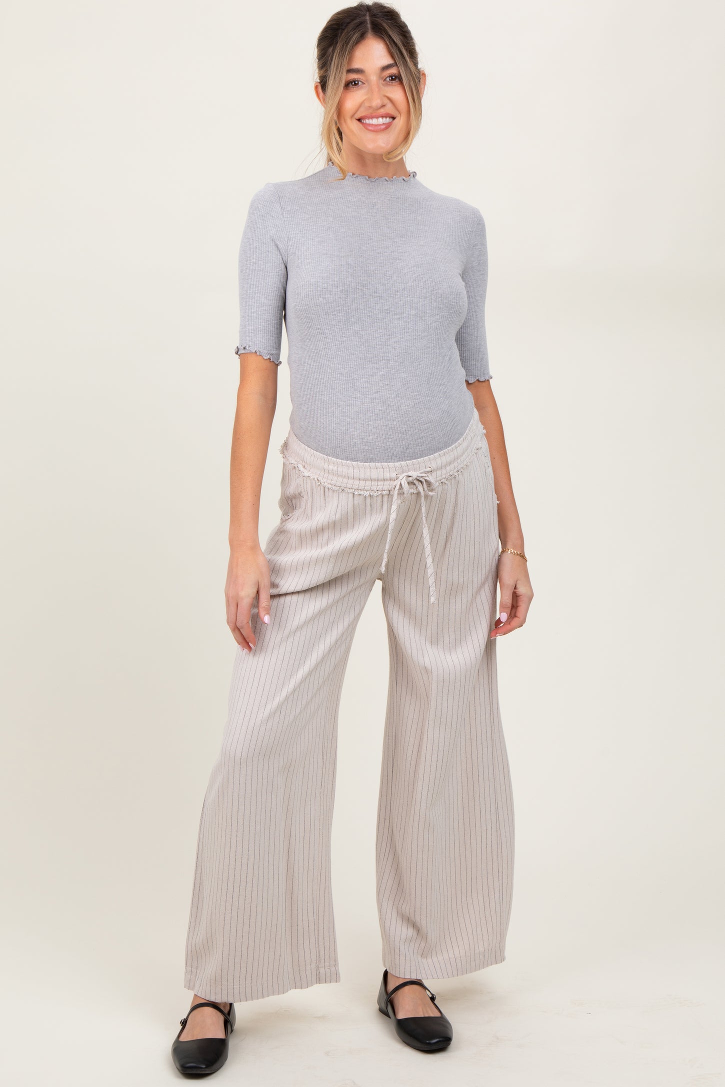 Cream Striped Drawstring Linen Blend Maternity Wide Leg Pants