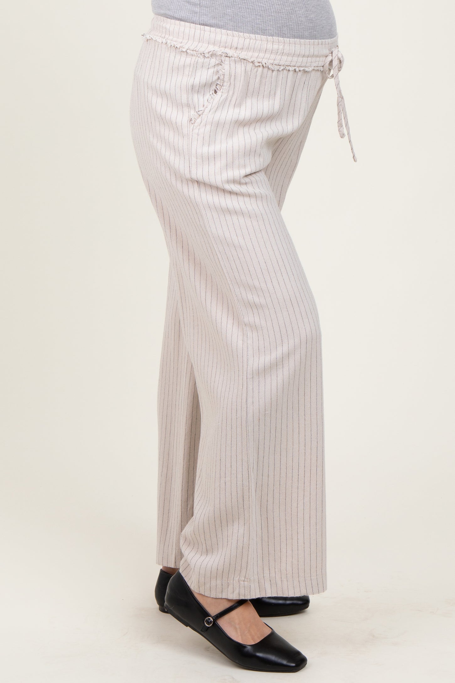 Cream Striped Drawstring Linen Blend Maternity Wide Leg Pants