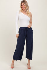 Navy Striped Drawstring Linen Blend Maternity Wide Leg Pants
