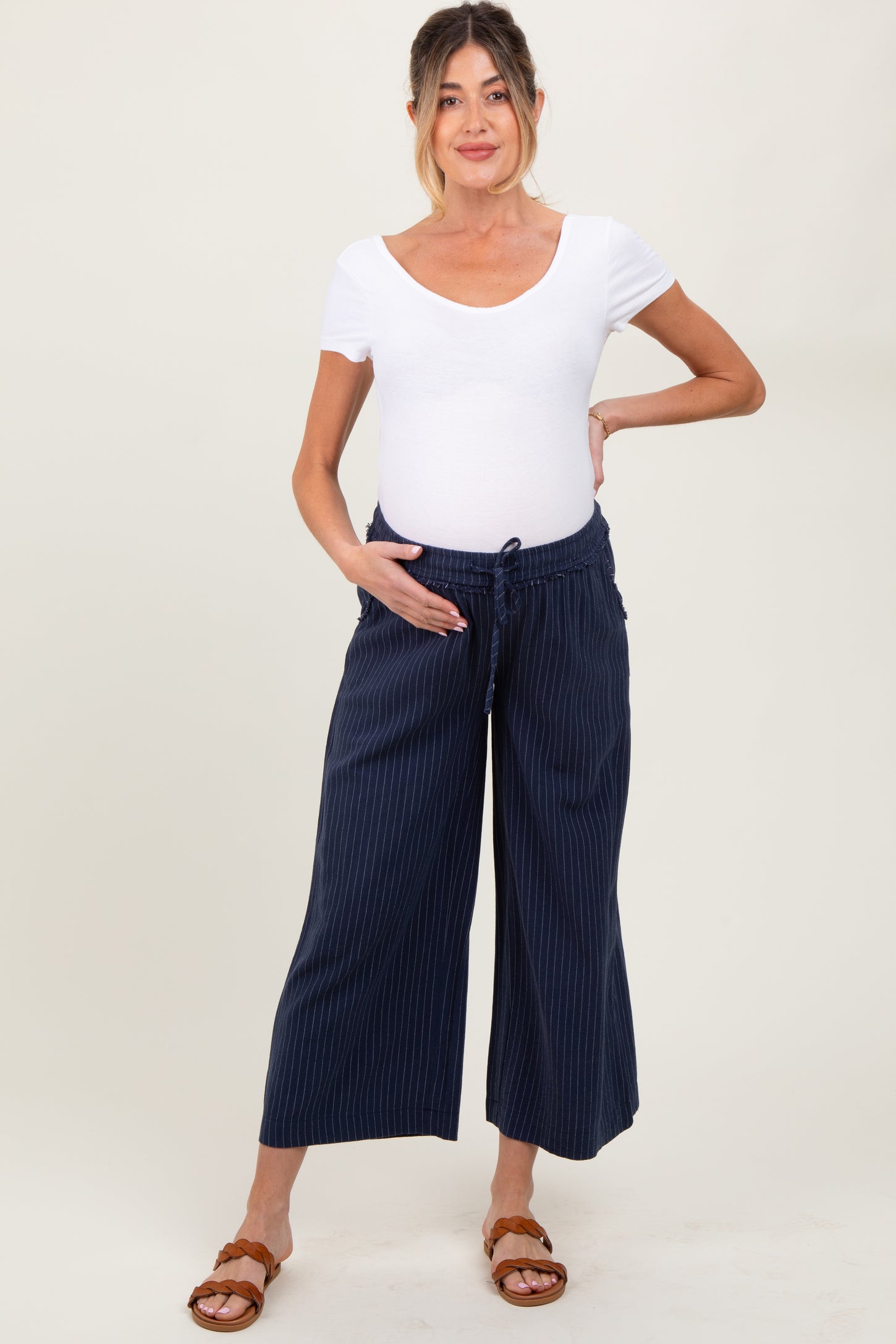 Navy Striped Drawstring Linen Blend Maternity Wide Leg Pants