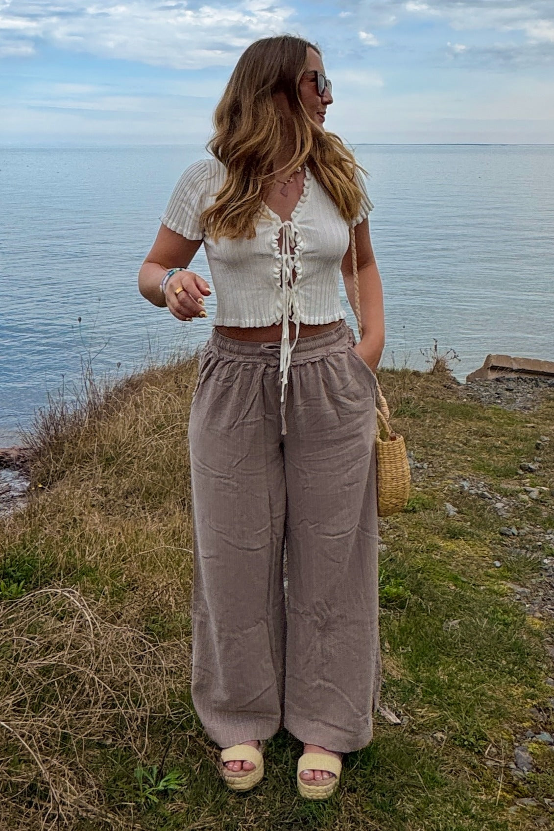 Mocha Striped Drawstring Linen Blend Wide Leg Pants