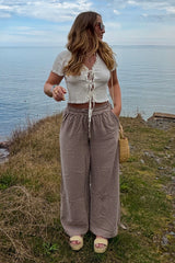 Mocha Striped Drawstring Linen Blend Wide Leg Pants