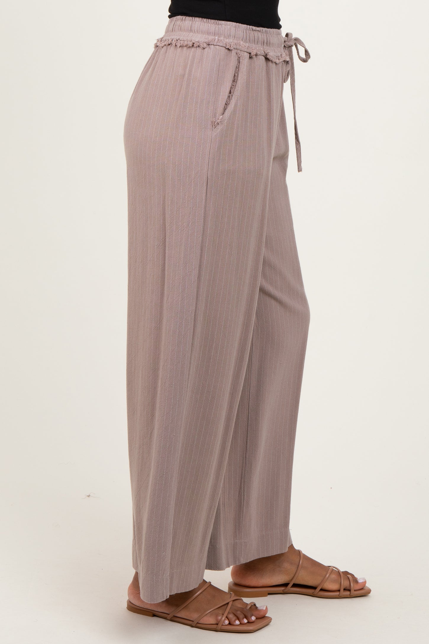 Mocha Striped Drawstring Linen Blend Wide Leg Pants