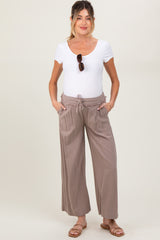Mocha Striped Drawstring Linen Blend Maternity Wide Leg Pants
