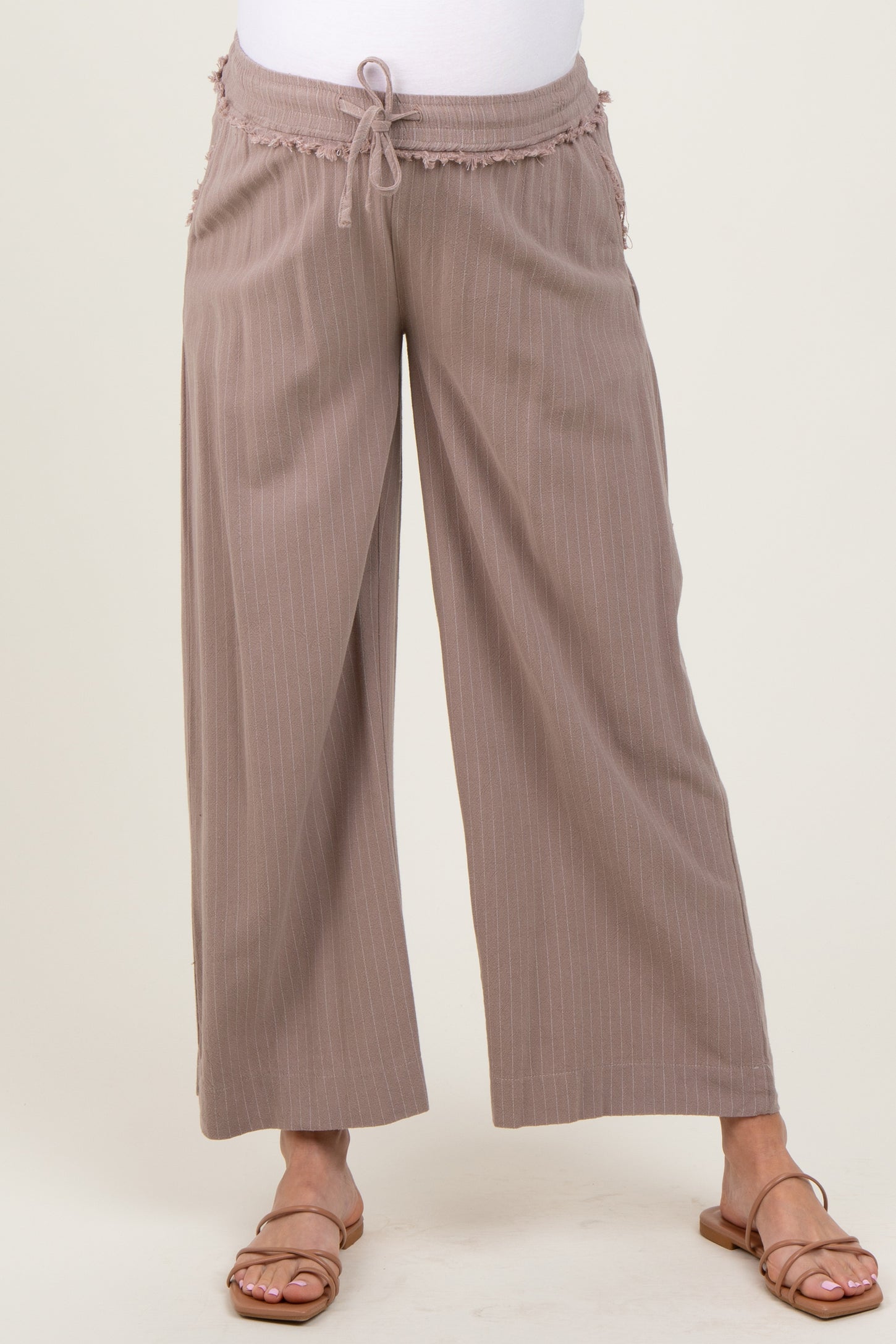 Mocha Striped Drawstring Linen Blend Maternity Wide Leg Pants
