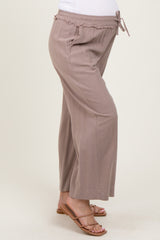 Mocha Striped Drawstring Linen Blend Maternity Wide Leg Pants