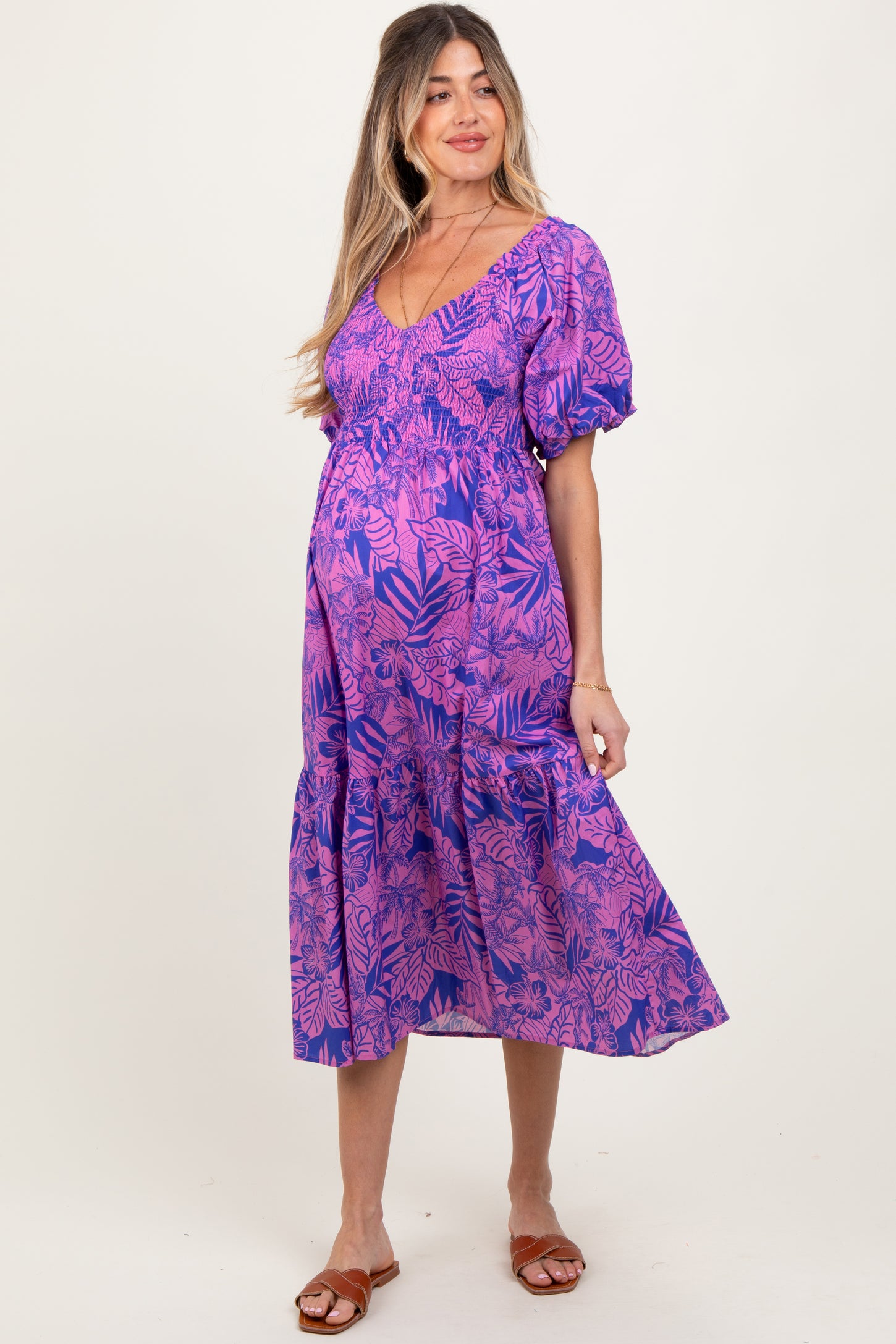 Magenta Tropical Floral Smocked Tie Back Maternity Maxi Dress